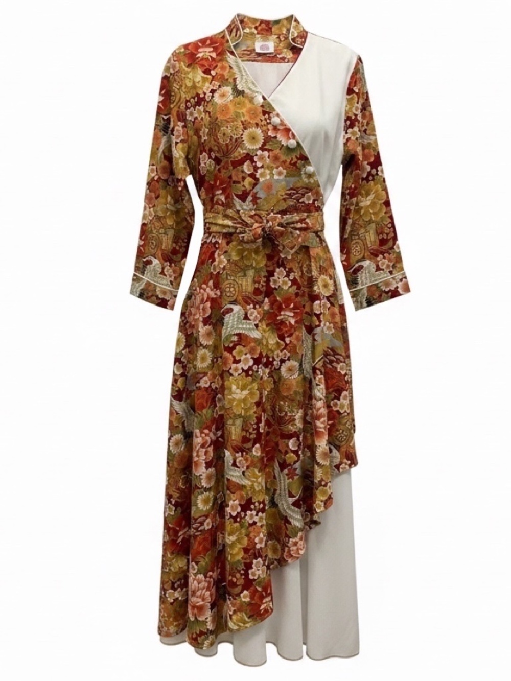 GUL HURGEL RED MULTI FLORAL BIRD PRINT COTTON MIDI DRESS WITH BELT